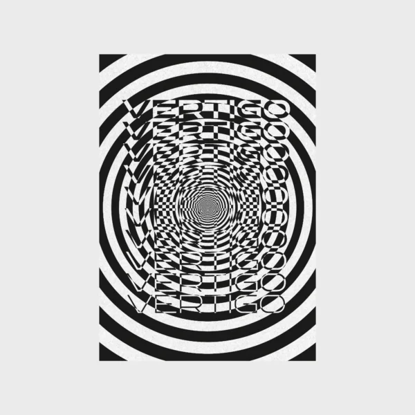 Vertigo Poster Design mit hypnotischem, geometrischem Schwarz-Weiß-Muster, das visuelle Tiefe schafft – ideales Kunstwerk für moderne Wohnräume.