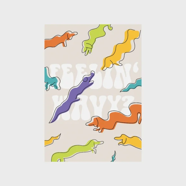 Feeling Wavy Poster Design – Ein kreatives und farbenfrohes Poster mit wellenförmigen, abstrakten Figuren auf einem modernen Hintergrund.