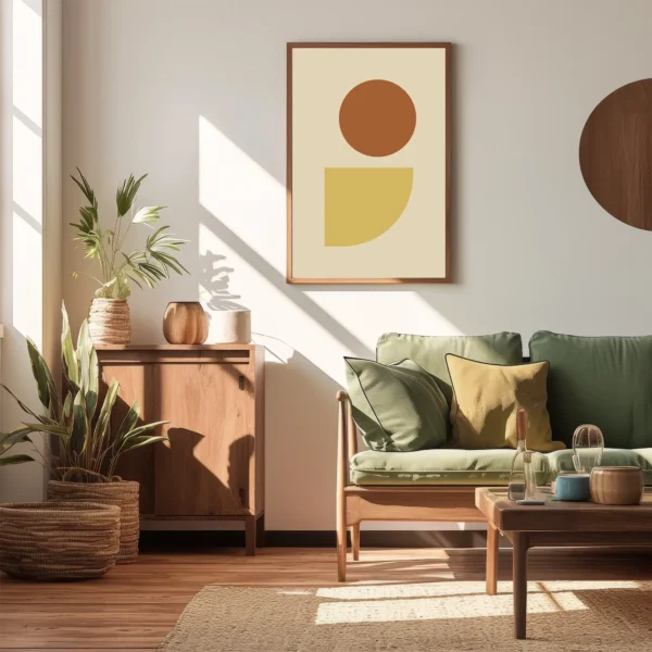 Das „Geometrie Poster Design“ verleiht dem Wohnzimmer mit grüner Couch und Holzelementen eine ruhige, harmonische Atmosphäre.